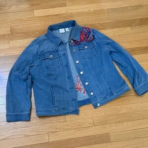 Zenery by Chico’s Embroidered Denim Jacket Size 3 Blue Floral Statement Jacket
